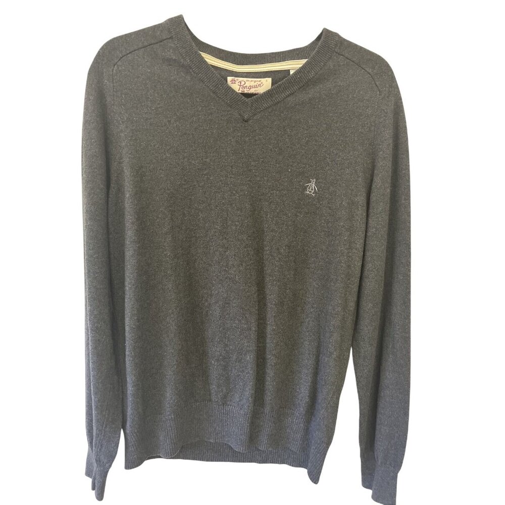 V Neck Sweater  Penguin An Original Gray Cotton Cashmere Blend Mens Sz L preppy